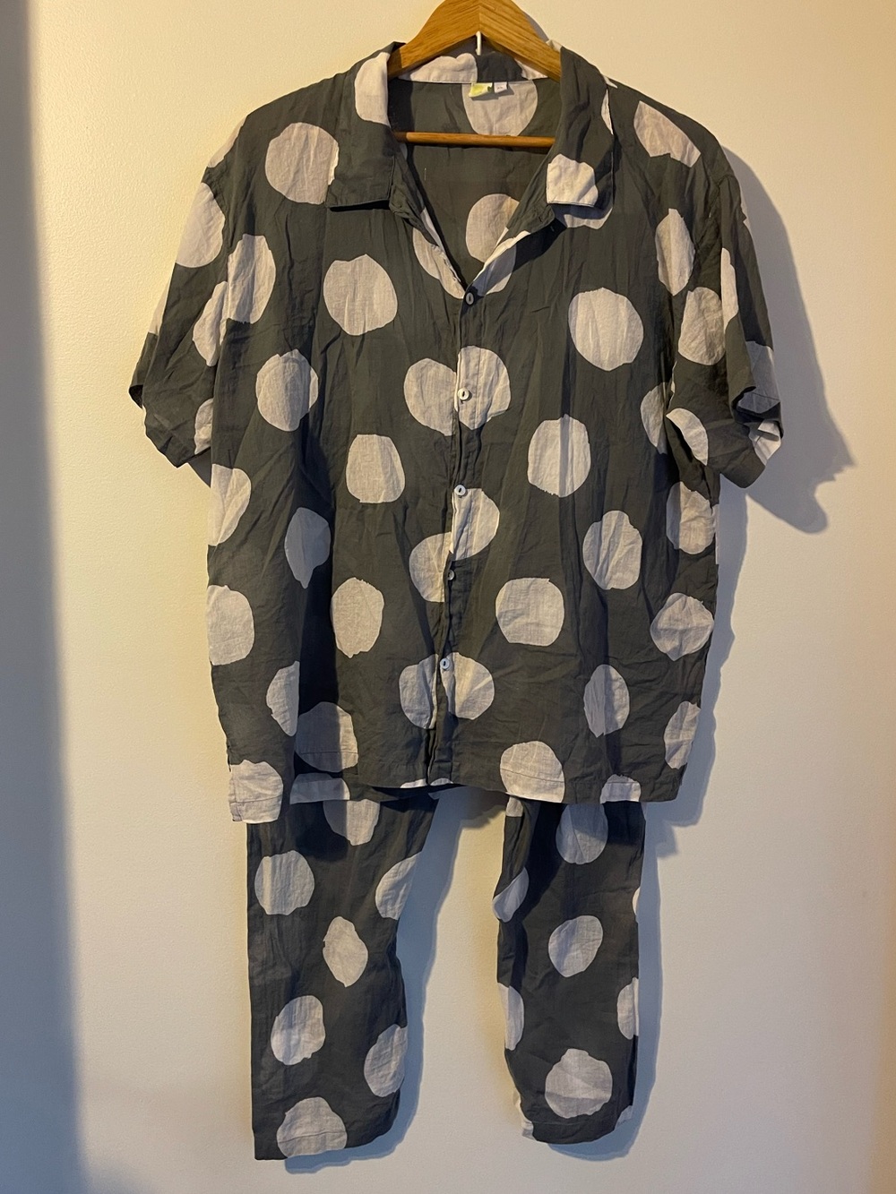 Donna Gorman Polka Dot Cotton Pajama Set Button Short Sleeve Pants Grey XL